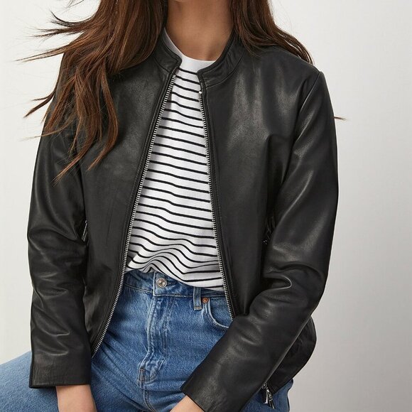 Contemporaine Simons Olive Dark green Leather Crew-neck Zip Up Jacket Size 8 - Picture 1 of 13